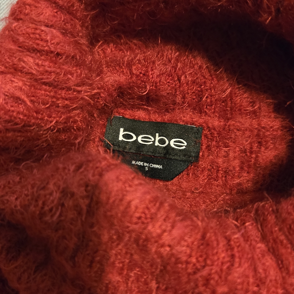 BEBE Red Fuzzy Mock Neck Sweater Long Sleeve Soft Textured Knit Pullover S Y2K - Picture 4 of 4